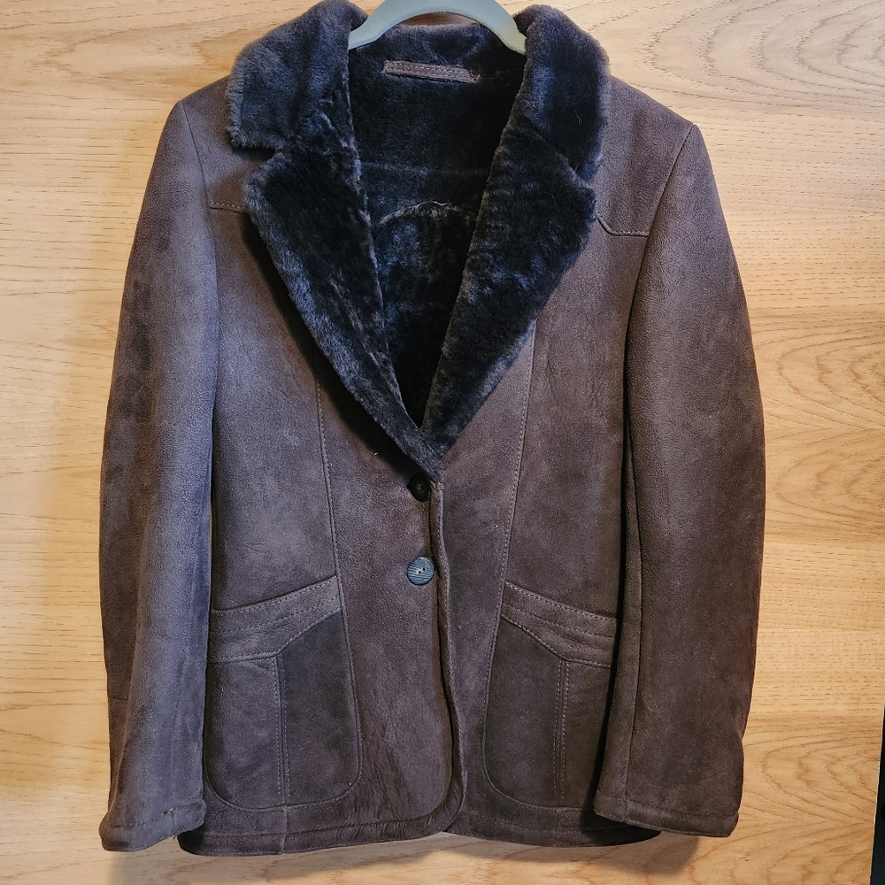 SAWYER OF NAPA VINTAGE BROWN LEATHER WOOL SHEARLING COAT JACKET SIZE 4 SIZE 6